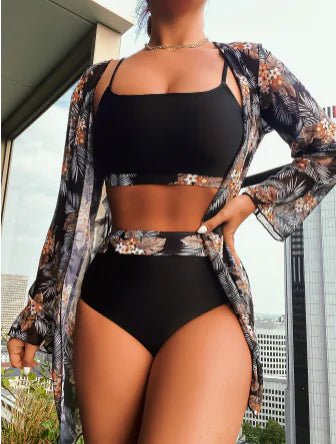 Women's Summer Bikini Set With Leaf Print 3 Piece