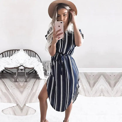 Women's V Neck Printed Midi & Striped Dress