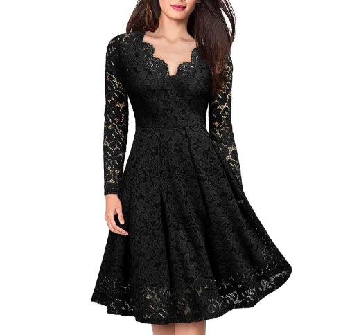 Women's Long Sleeve Tulle Skirt Lace A Line Dress