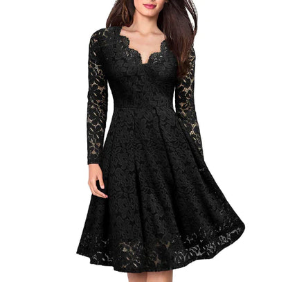 Women's Long Sleeve Tulle Skirt Lace A Line Dress