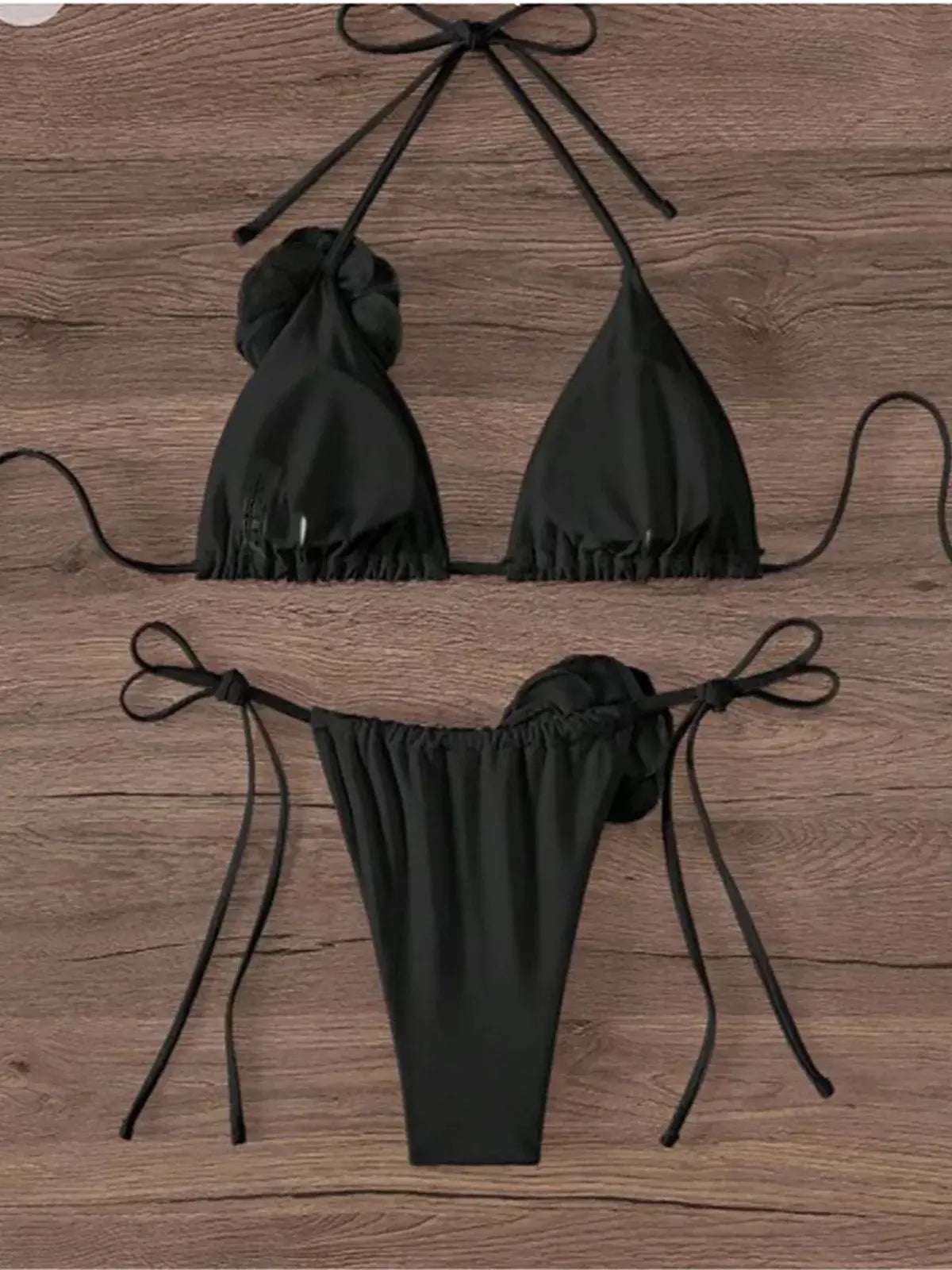 Women's Strappy Halter 3D Flowers Bikini Set