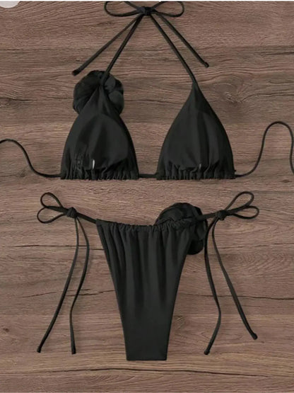Women's Strappy Halter 3D Flowers Bikini Set
