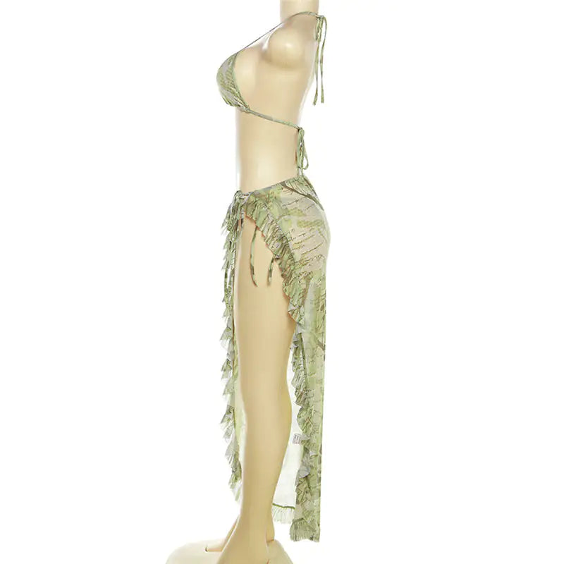 Women's 3 Piece Printed Bikini Skirt Set