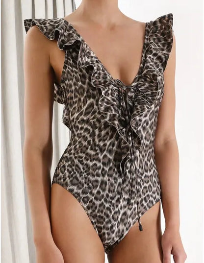 Women's Leopard Print Cutout One Piece Bikini Swimsuit