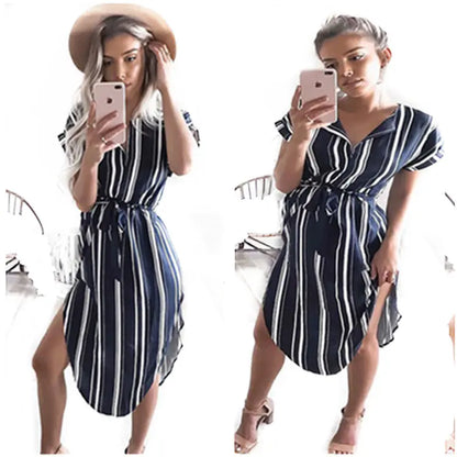 Women's V Neck Printed Midi & Striped Dress