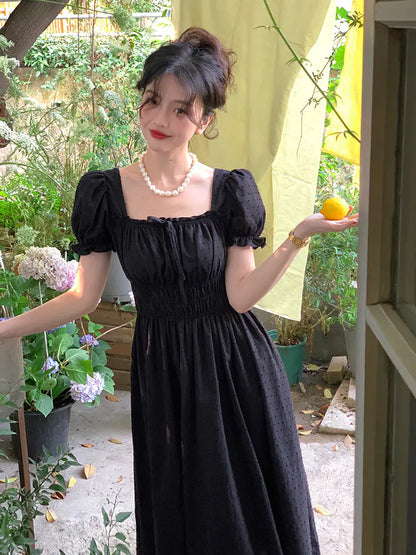 Women's French Court Style Square Neck Dress With Bubble Sleeves