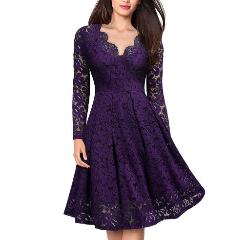 Women's Long Sleeve Tulle Skirt Lace A Line Dress