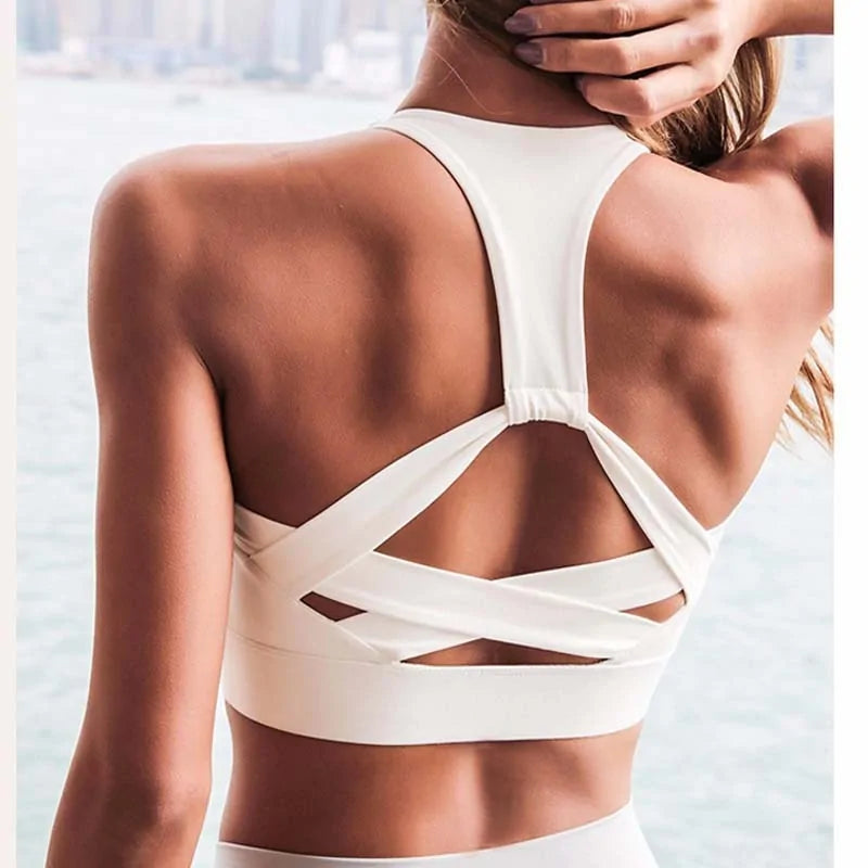 White Strap Push Up Sports Bra Womens Gym Yoga Athletic Vest Underwear