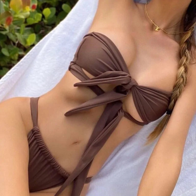 Women's Hollow Out Solid Color Bandage Bikini Set