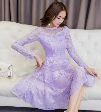 Women's Long Sleeve Tulle Skirt Lace A Line Dress