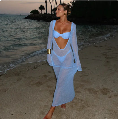 Women's Sheer Backless Knitted Dress Set (Dress + Top + Pants)