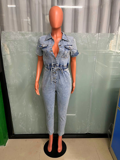 Women's Elegant Blue Denim Stretch Jumpsuit