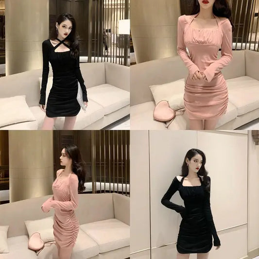 Women's Long Sleeve Short Dress With Tie