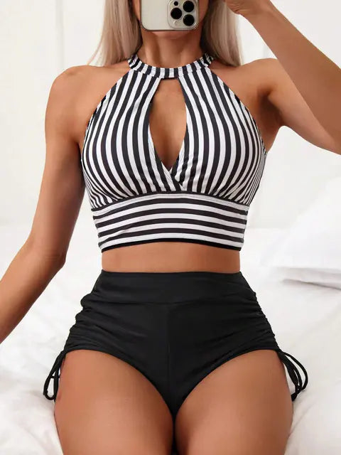Women's High Neck Striped Bikini Two Piece Set